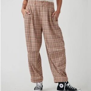 Free People Turning Point Barrel Leg Plaid Pant Trousers